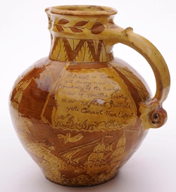 a north devon pottery harvest jug inscribed for richard ching, bideford, 1855